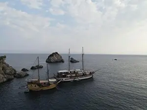 Pirates Prints: Aerial View Pirate Ships Near Island Of Panagia In Famous Tourist Destination Parga Town The Greek Caribbean Of Epirus