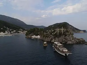 Pirates Prints: Aerial View Pirate Ships Near Island Of Panagia In Famous Tourist Destination Parga Town The Greek Caribbean Of Epirus