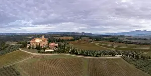Aerial view of the Poggio alle Mura Castle and Villa Banfi wine resort in Tuscany