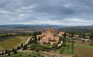 Wine Country Prints: Aerial view of the Poggio alle Mura Castle and Villa Banfi wine resort in Tuscany