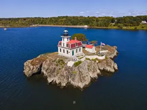 Aerial view of Pomham Rocks Lighthouse on Providence River near Narragansett Bay in East Providence