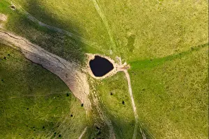 Dirt Road Prints: Aerial top view of a pond in the middle of a meadow by drone