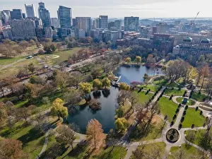 Highrise Prints: Aerial view of ponds in the Boston Public Garden and Boston Common parks with buildings downtown in the background