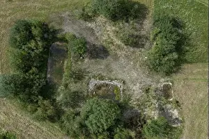 Green Park Prints: Top down aerial view at three ponds with green trees
