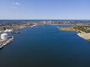 Rhode Prints: Aerial view of Providence River near Narragansett Bay with Providence city at the background