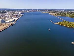 Rhode Prints: Aerial view of Providence River near Narragansett Bay with Providence city at the background