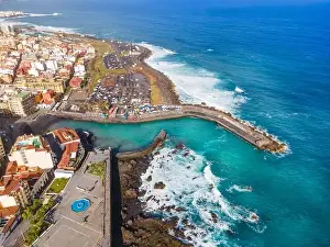 Puerto Prints: Aerial view with Puerto de la Cruz, Tenerife island, Spain