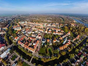Vivid Colors Prints: Aerial view of Pultusk city by river Narew in mazovian voivodeship, Poland