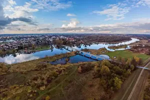 Vivid Colors Prints: Aerial view of Pultusk city by river Narew in mazovian voivodeship, Poland