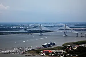 South Carolina Prints: Aerial view of the Ravanel Bridge and USS Yorktown in Charleston, SC