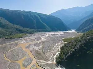 River Channel Prints: Aerial view of the remote Rio Sacambaya landscape with a huge riverbed