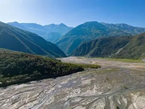 Aerial view of the remote Rio Sacambaya landscape with a huge riverbed