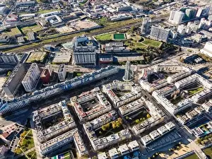 Aerial view of a residential district in Lisbon downtown with the old Gulp tower