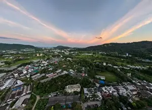 Building Construction Prints: Aerial view of residential houses and driveways neighborhood during in sunset time