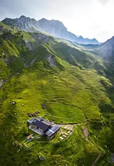 Seriana Valley Prints: Aerial view of Rino Olmo refuge and Valzurio valley with Presolana