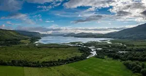 Aerial view of the River Carron and Loch Carron in the Scottish Highlands near Strathcarron