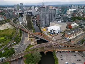 Salford Prints: Aerial view over the River Irwell and Manchester/Salford cityscapes