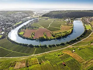 Baden Wuerttemberg Prints: aerial view of the river loop in the Neckar Valley with its famous steep vineyards next to Mundelsheim
