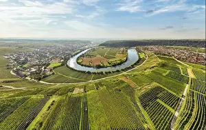 Baden Wuerttemberg Prints: aerial view of the river loop in the Neckar Valley with its famous steep vineyards next to Mundelsheim