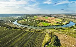 Baden Wuerttemberg Prints: aerial view of the river loop in the Neckar Valley with its famous steep vineyards next to Mundelsheim