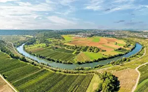 Baden Wuerttemberg Prints: aerial view of the river loop in the Neckar Valley with its famous steep vineyards next to Mundelsheim