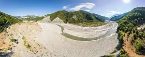 Water Flow Prints: Aerial view of river Osum in Albania near village Rog in Summer 2022