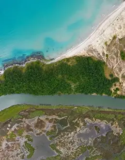 Ropotamo Prints: Aerial view of a river around the sea coast