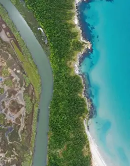 Ropotamo Prints: Aerial view of a river around the sea coast