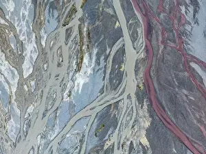 Santiago Prints: Aerial view of rivers and creeks flowing to Embalse de Yeso in Cajon del Maipo near Santiago de Chile