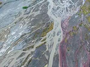 Santiago Prints: Aerial view of rivers and creeks flowing to Embalse de Yeso in Cajon del Maipo near Santiago de Chile