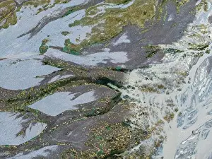 Aerial view of rivers and creeks flowing to Embalse de Yeso in Cajon del Maipo near Santiago de Chile