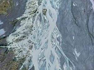 Santiago Prints: Aerial view of rivers and creeks flowing to Embalse de Yeso in Cajon del Maipo near Santiago de Chile