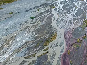 Santiago Prints: Aerial view of rivers and creeks flowing to Embalse de Yeso in Cajon del Maipo near Santiago de Chile