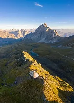Low Clouds Prints: Aerial view of Rocca la Meja at sunrise with the abandoned bunker of the Alpine Wall