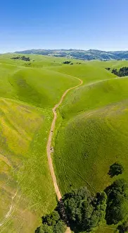 An aerial view of rolling hills in Northern California's tri-valley region shows lush, green grass that flourished after a wet winter