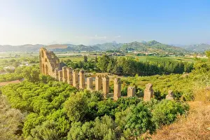 Aqueduct Prints: Aerial view of Roman aqueduct in Aspendos in Turkey