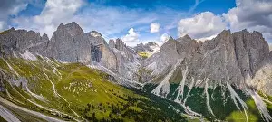 aerial view on rosengarten mountain range with trekking trails in the dolomites