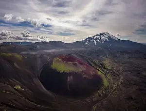 Volcanic Crater Prints: Aerial view of rough volcanic crater located in amazing highlands on cloudy day in Iceland