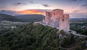 Fort Prints: Aerial view of ruined Gothic Csesznek castle in the Bakony region of Hungary in Veszprem county with old palace