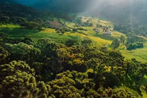Aerial view of a rural area with mountains and corn field in the municipality of Urubici, Santa Catarina, Brazil