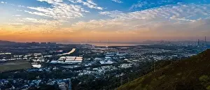 Fish Pond Prints: Aerial View of rural green fields in Hong Kong border and skylines in Shenzhen, China
