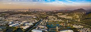 Fish Pond Prints: Aerial View of rural green fields in Hong Kong border and skylines in Shenzhen, China