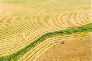 Images Dated 3rd August 2019: Aerial View Of Rural Landscape. Combine Harvester Working In Field, Collects Seeds