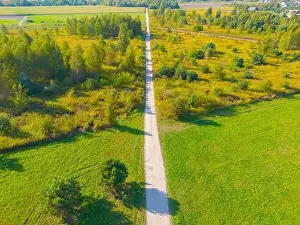 Carpathian Prints: Aerial view of a rural road with in yellow and orange autumn forest