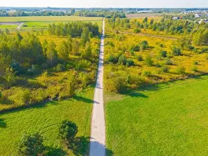 Carpathian Prints: Aerial view of a rural road with in yellow and orange autumn forest