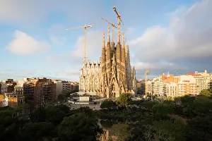 Aerial view of the Sagrada Familia, a large Roman Catholic church in Barcelona, Spain, designed by Catalan architect Antoni Gaudi
