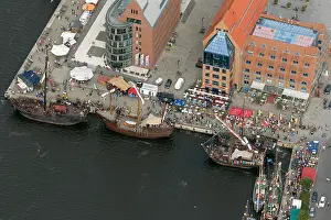 Aerial Shot Prints: Aerial view, sailing boats in the Museum Harbour during the 'Hanse Sail' festival