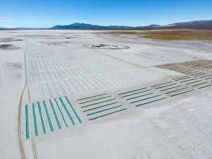 Crystallization Prints: Aerial view of the salt basins in the salt crust of the huge salt flats Salinas Grandes de Jujuy in northern Argentina
