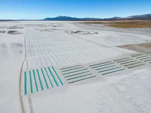 Crystallization Prints: Aerial view of the salt basins in the salt crust of the huge salt flats Salinas Grandes de Jujuy in northern Argentina