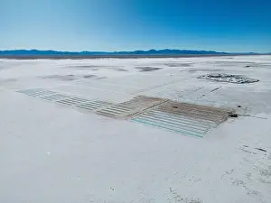 Crystallization Prints: Aerial view of the salt basins in the salt crust of the huge salt flats Salinas Grandes de Jujuy in northern Argentina